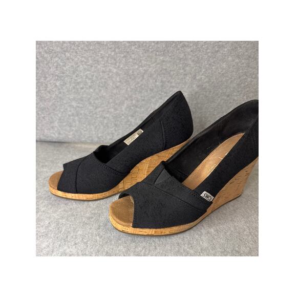 TOMS Black Canvas Cork Wedge Peep Toe Heels – Size 7 - Picture 3 of 7